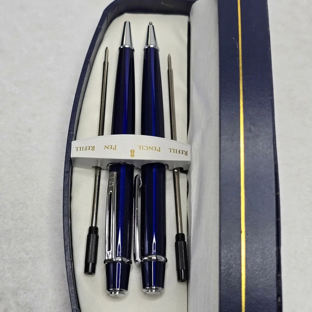 Bill Blass Blue Chrome Ballpoint Pen Mechanical Pencil Set Refills BB0091RF